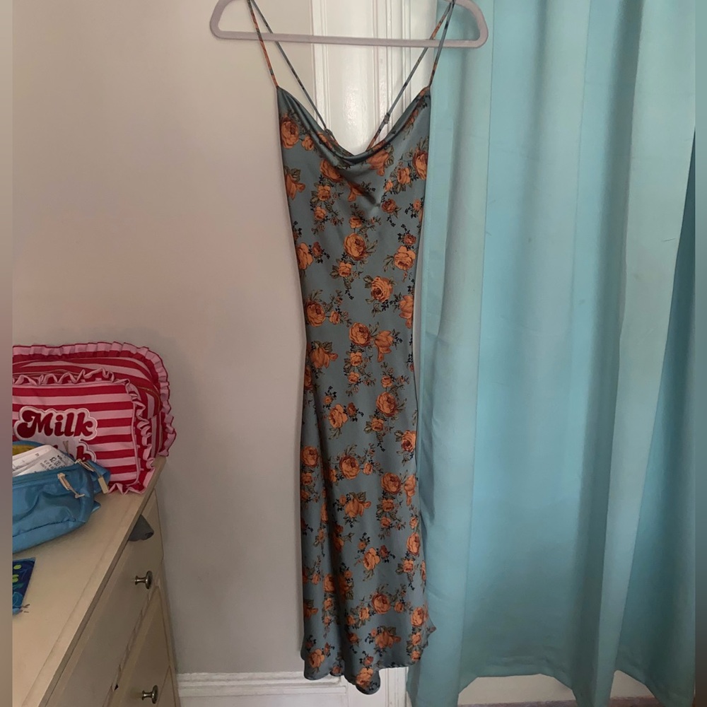 ASTR THE LABEL Floral Blue and Orange Gaia cowl neck Dress